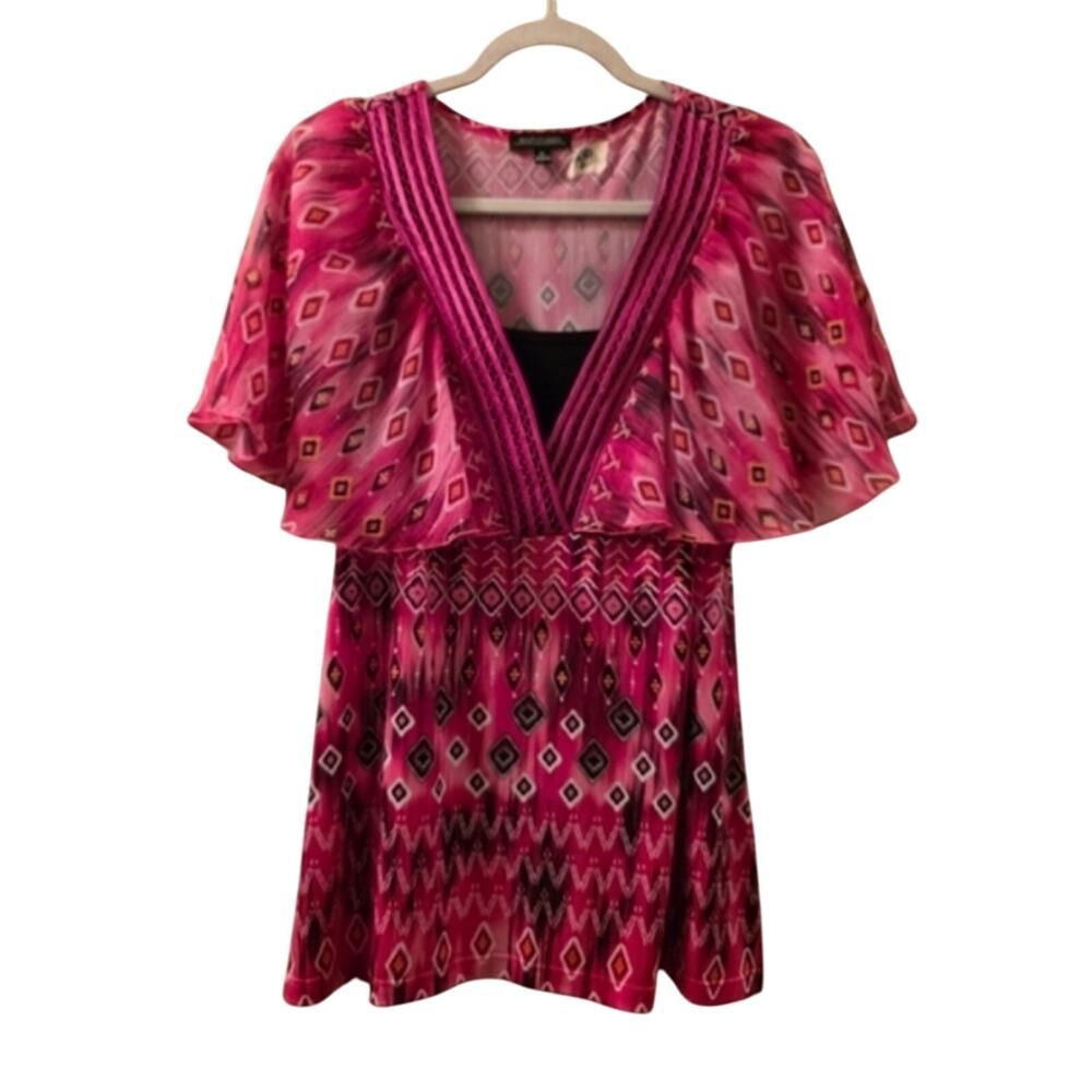 Vtg Y2K Butterfly Sleeve Babydoll Top Blouse XL Notations Fuchia & Black Boho